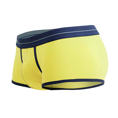 Bright yellow jor 2243 astra trunks men’s briefs with navy blue trim and subtle gray stripe on waistband