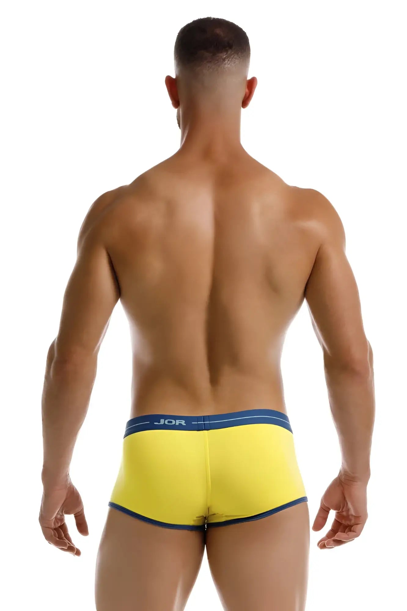 Bright yellow JOR 2243 Astra trunks with navy blue waistband and trim featuring jor brand logo for comfortable wear