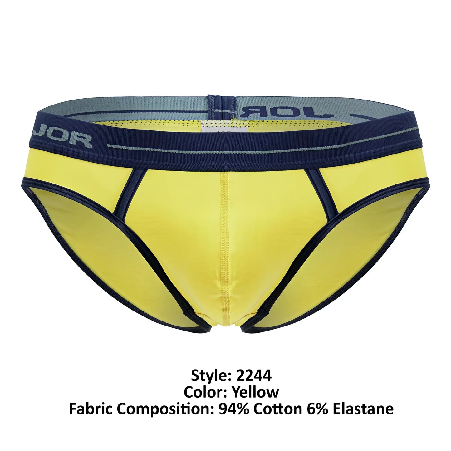 Bright yellow jor 2244 astra briefs with navy blue trim and gray elastic waistband for comfortable men’s wear