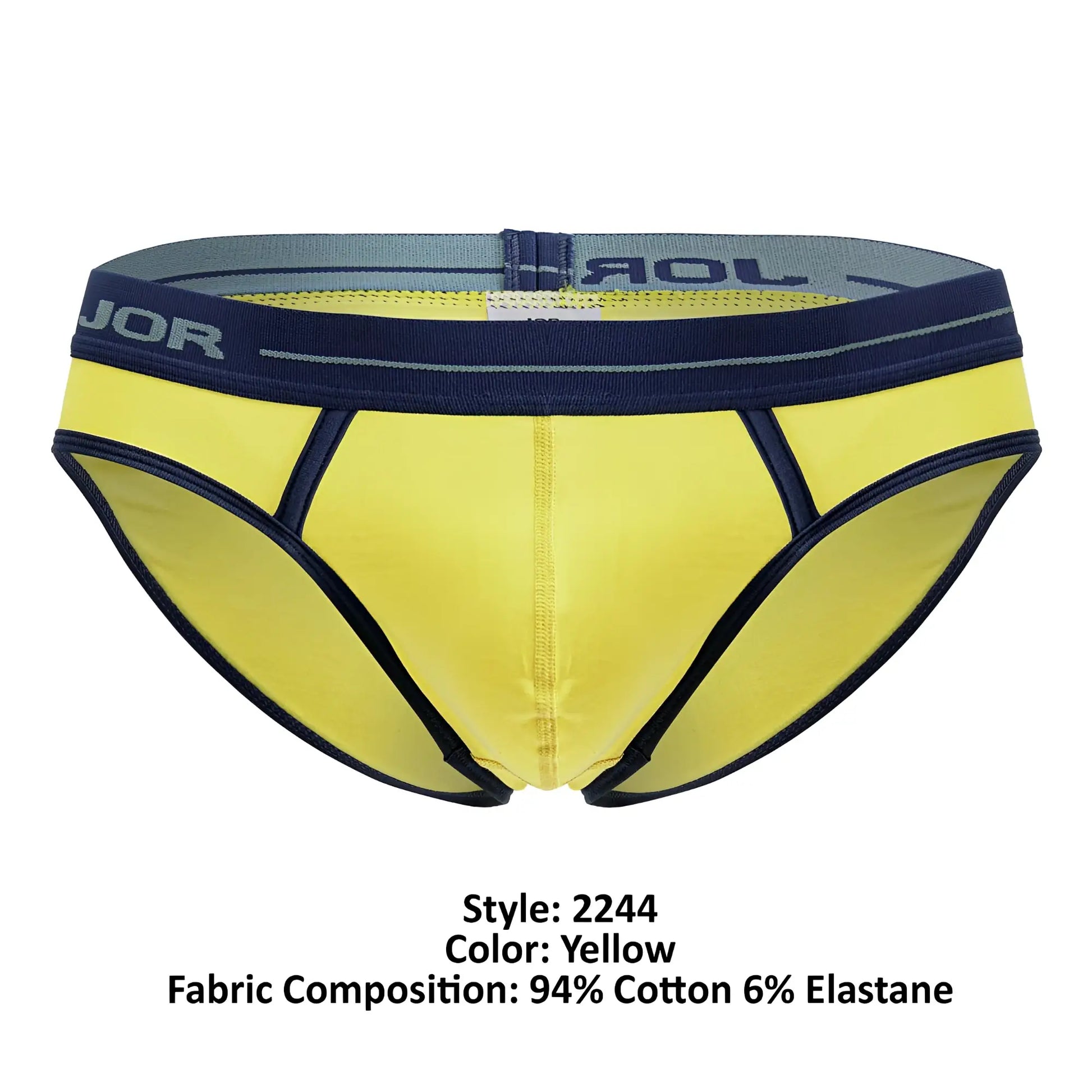 Bright yellow jor 2244 astra briefs with navy blue trim and gray elastic waistband for comfortable men’s wear