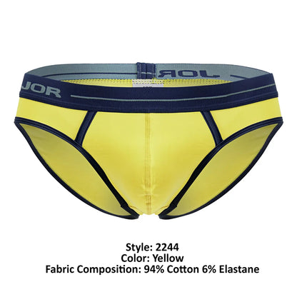 Bright yellow jor 2244 astra briefs with navy blue trim and gray elastic waistband for comfortable men’s wear
