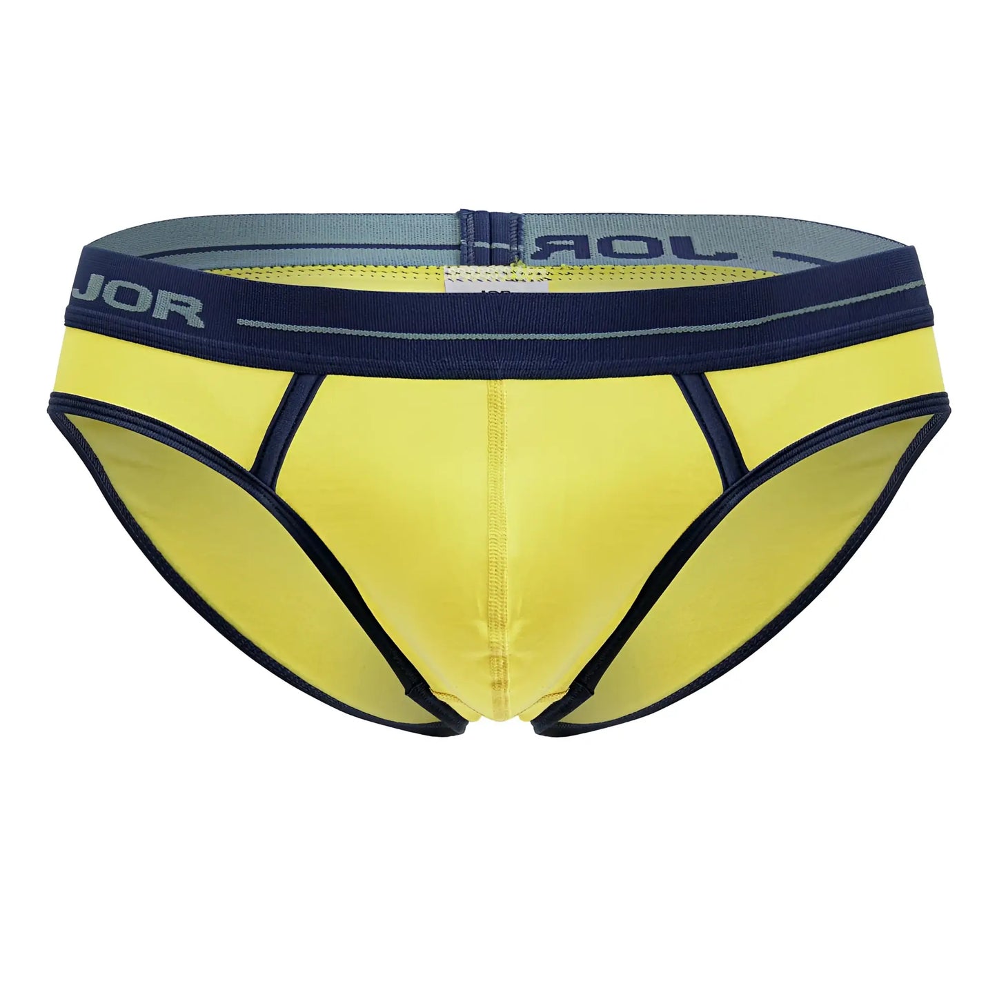 Bright yellow jor 2244 astra briefs with navy trim and gray elastic waistband featuring jor logo