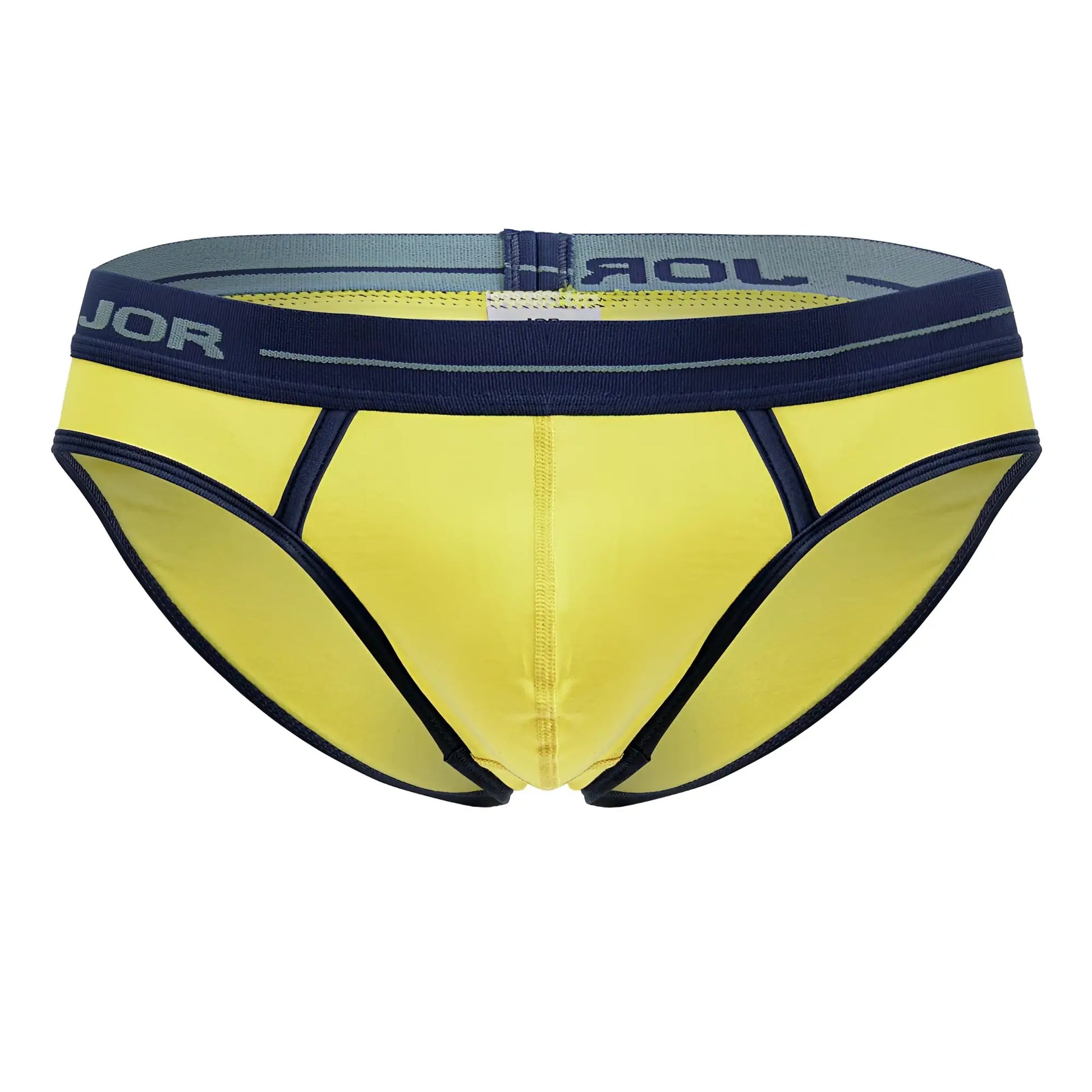 Bright yellow jor 2244 astra briefs with navy trim and gray elastic waistband featuring jor logo