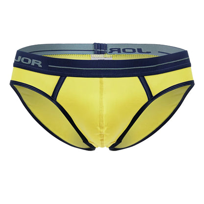 Bright yellow jor 2244 astra briefs with navy trim and gray elastic waistband featuring jor logo