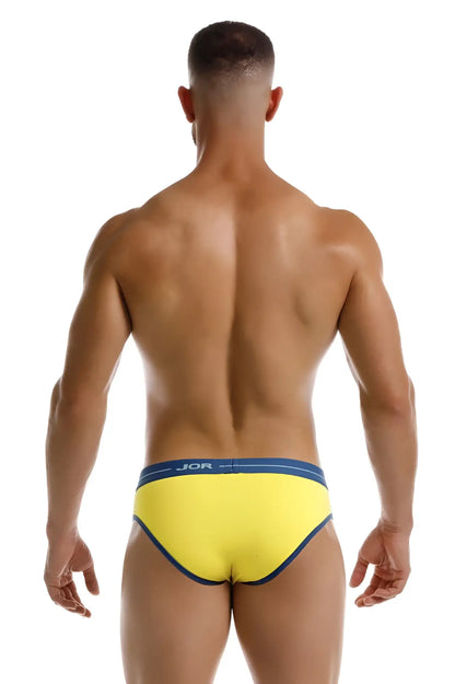 Bright yellow jor 2244 astra briefs with navy blue trim and waistband in soft breathable fabric for daily comfort