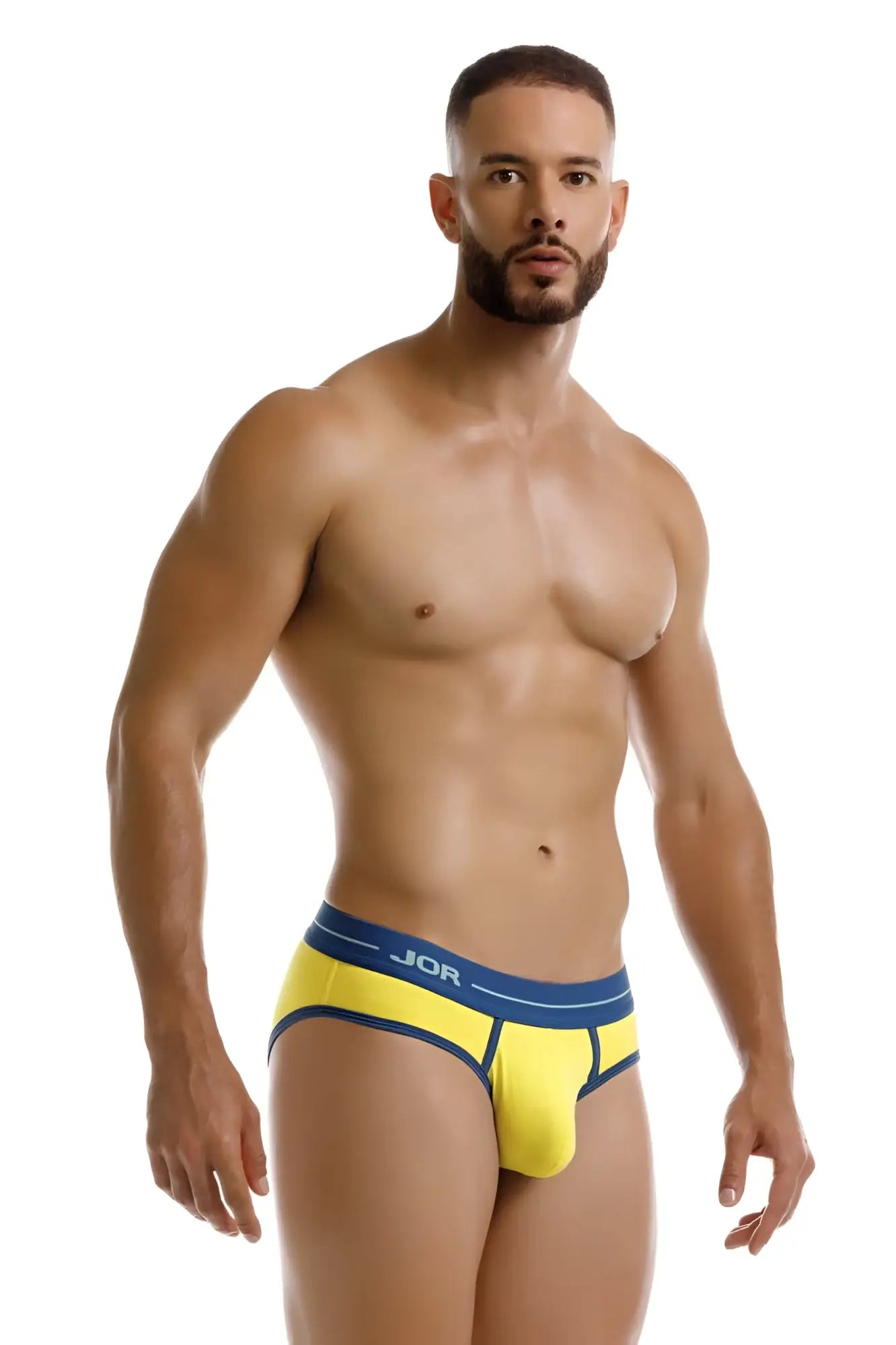 Bright yellow jor 2244 Astra briefs with navy blue branded waistband made from soft breathable fabric