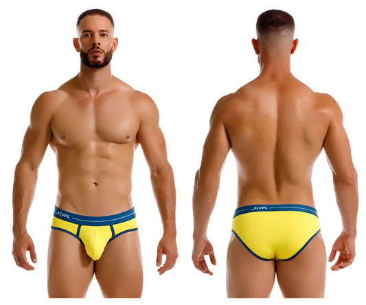 Vibrant yellow jor 2244 astra briefs featuring a contrasting navy blue waistband and trim for comfortable wear