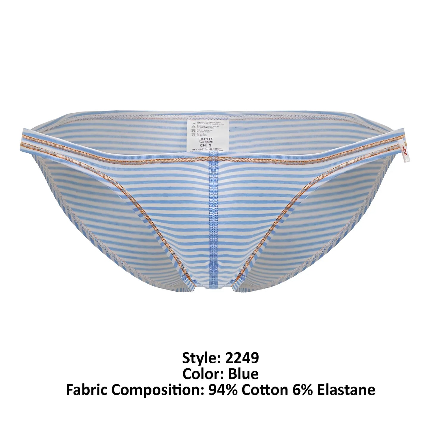 Blue striped men’s briefs JOR 2249 sour bikini with light blue and white stripes and metallic trim on waistband and legs