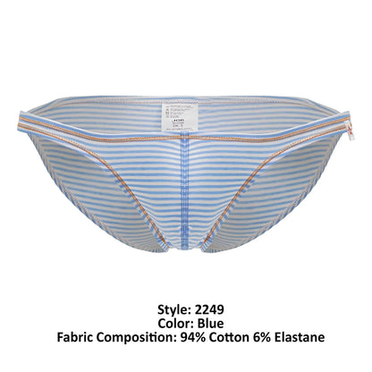 Blue striped men’s briefs JOR 2249 sour bikini with light blue and white stripes and metallic trim on waistband and legs