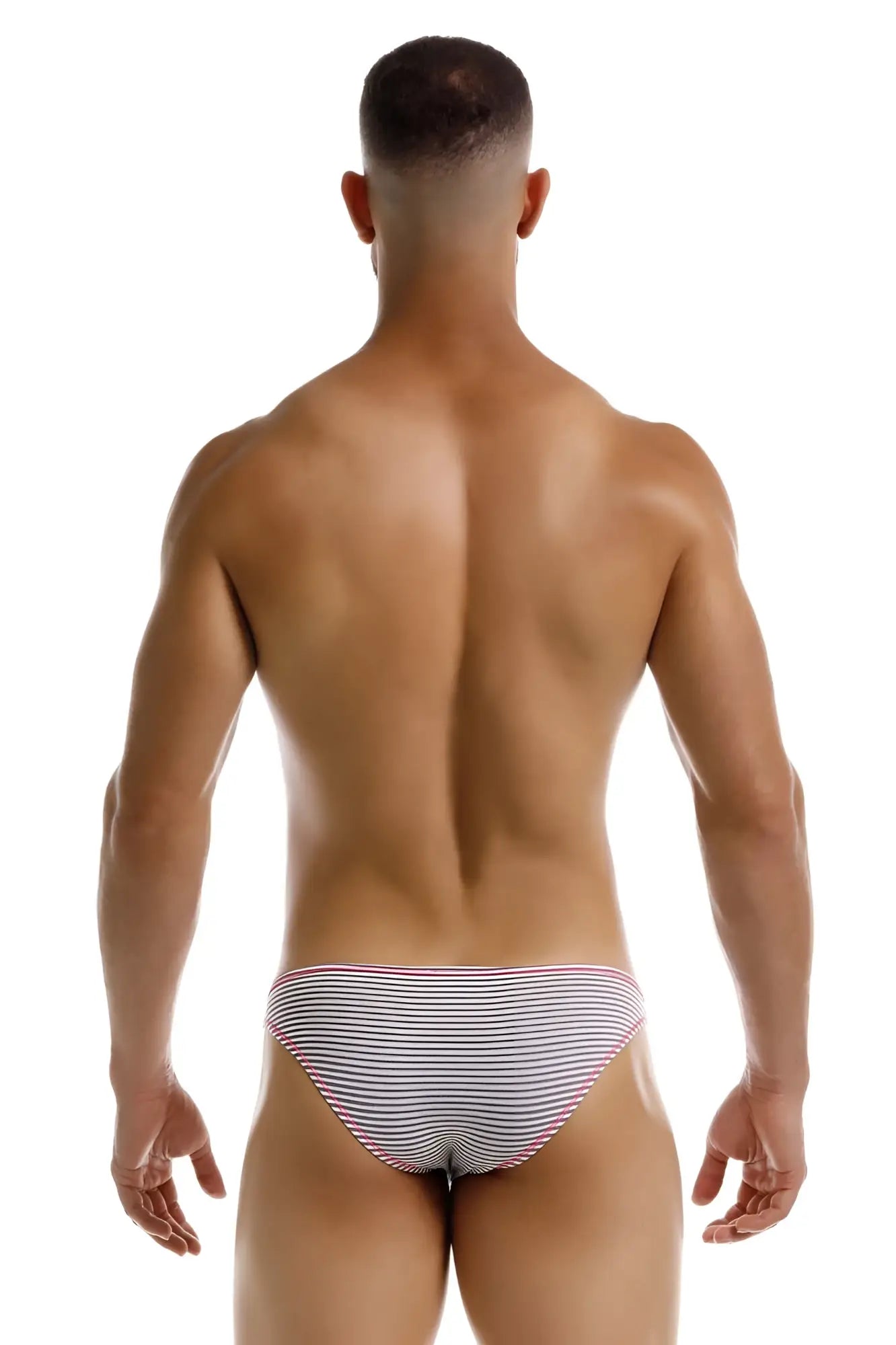 Gray striped briefs with thin white lines and pink waistband trim from jor 2249 sour bikini collection
