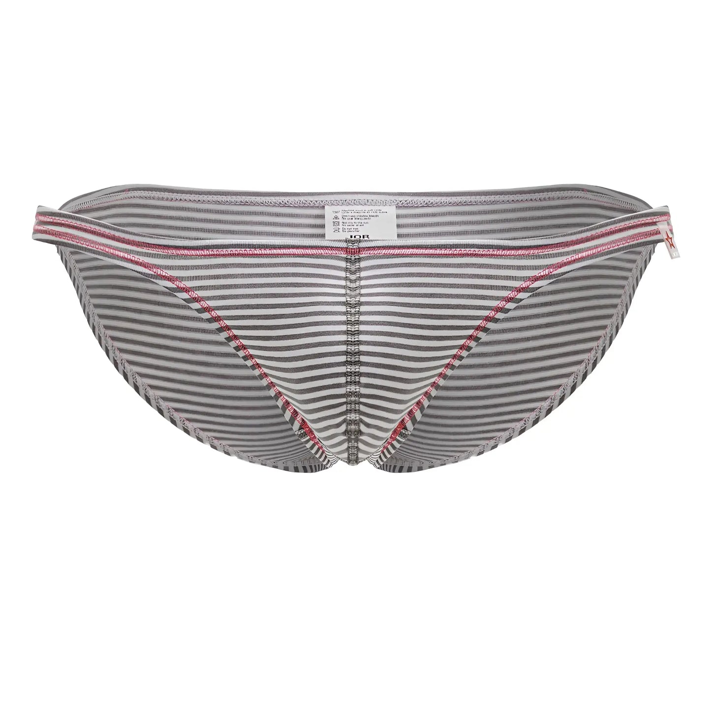 Gray and white striped men’s briefs with pink trim along waistband and legs jor 2249 sour bikini color gray