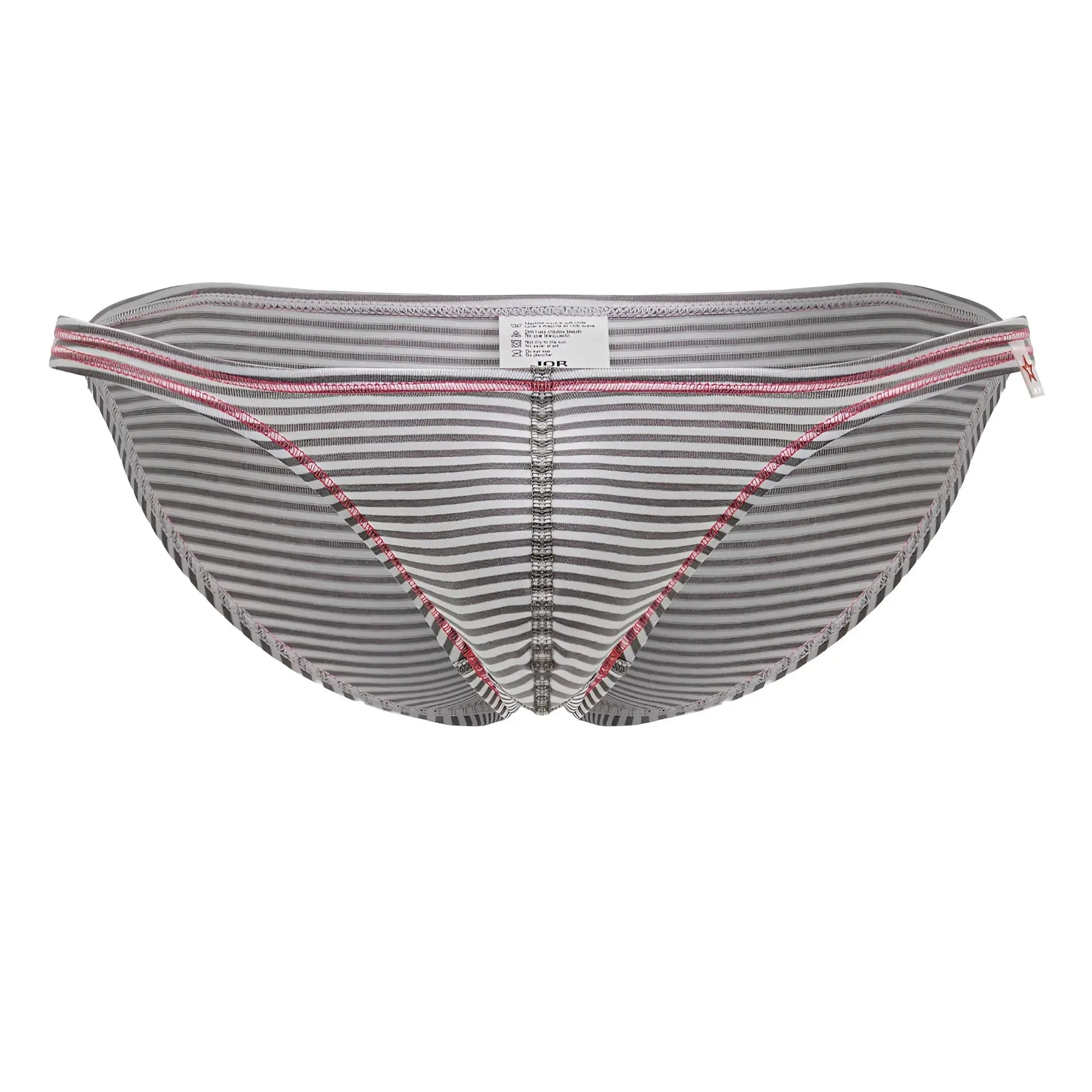 Gray and white striped men’s briefs with pink trim along waistband and legs jor 2249 sour bikini color gray