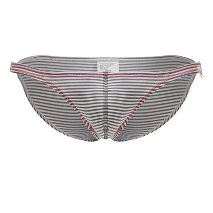 Gray and white striped men’s briefs with pink trim along waistband and legs jor 2249 sour bikini color gray