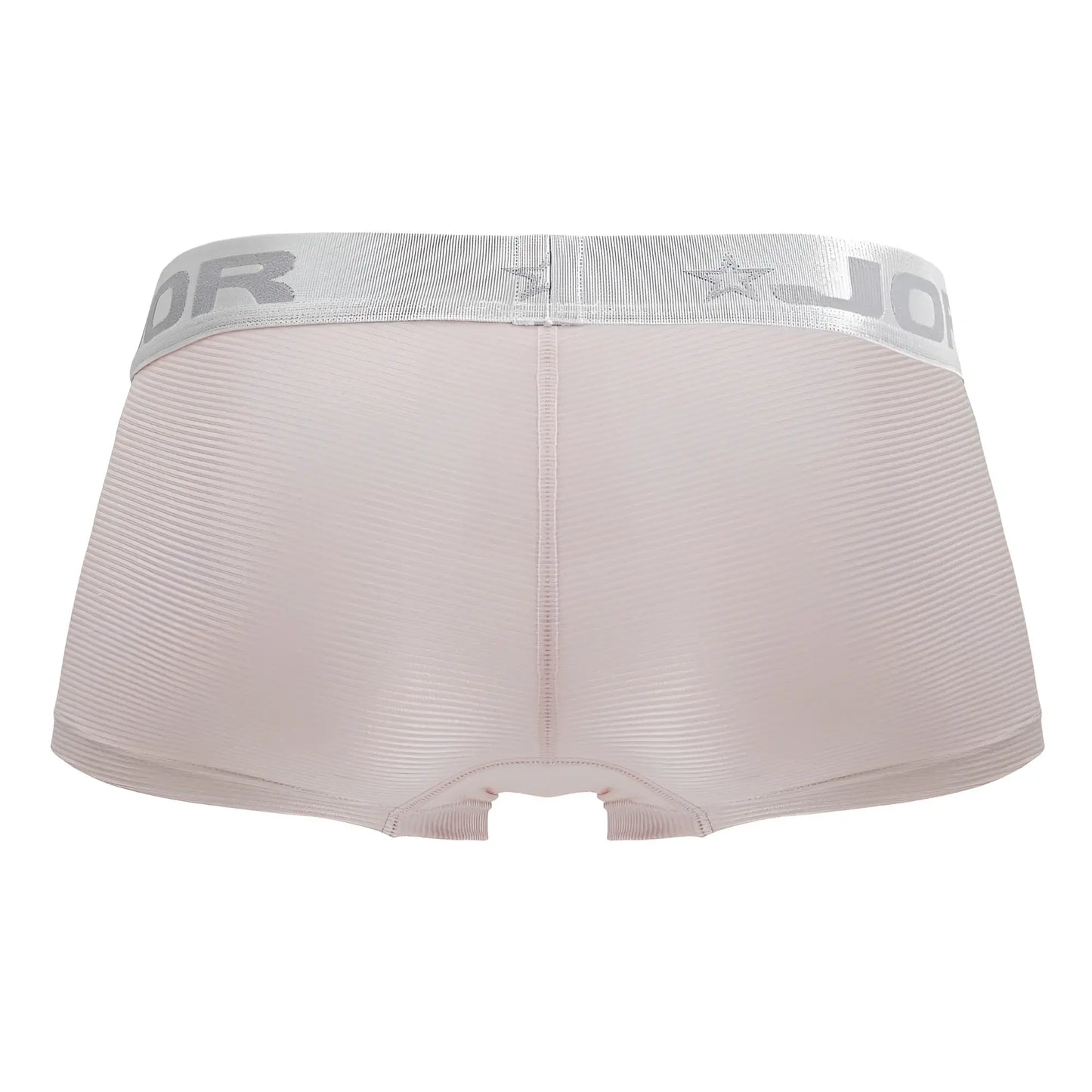 Light pink jodor briefs with textured fabric and silver elastic waistband featuring brand name and star logo