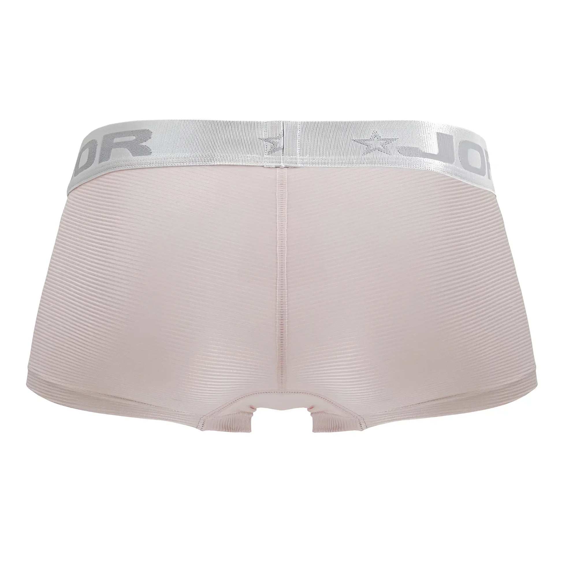 Light pink jodor briefs with textured fabric and silver elastic waistband featuring brand name and star logo