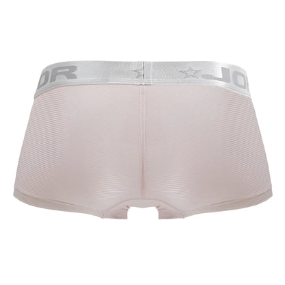 Light pink jodor briefs with textured fabric and silver elastic waistband featuring brand name and star logo