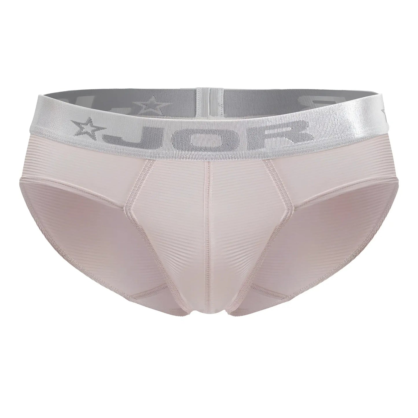 Beige jor 2252 bright briefs men’s underwear with silver waistband featuring brand logo and star motifs in pink color