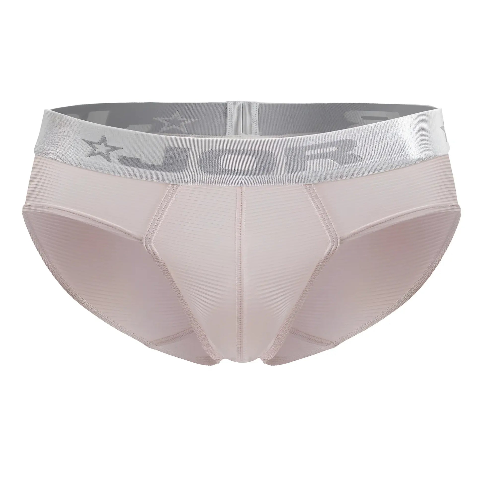 Beige jor 2252 bright briefs men’s underwear with silver waistband featuring brand logo and star motifs in pink color