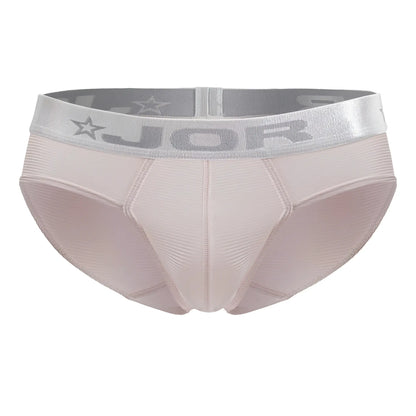 Beige jor 2252 bright briefs men’s underwear with silver waistband featuring brand logo and star motifs in pink color