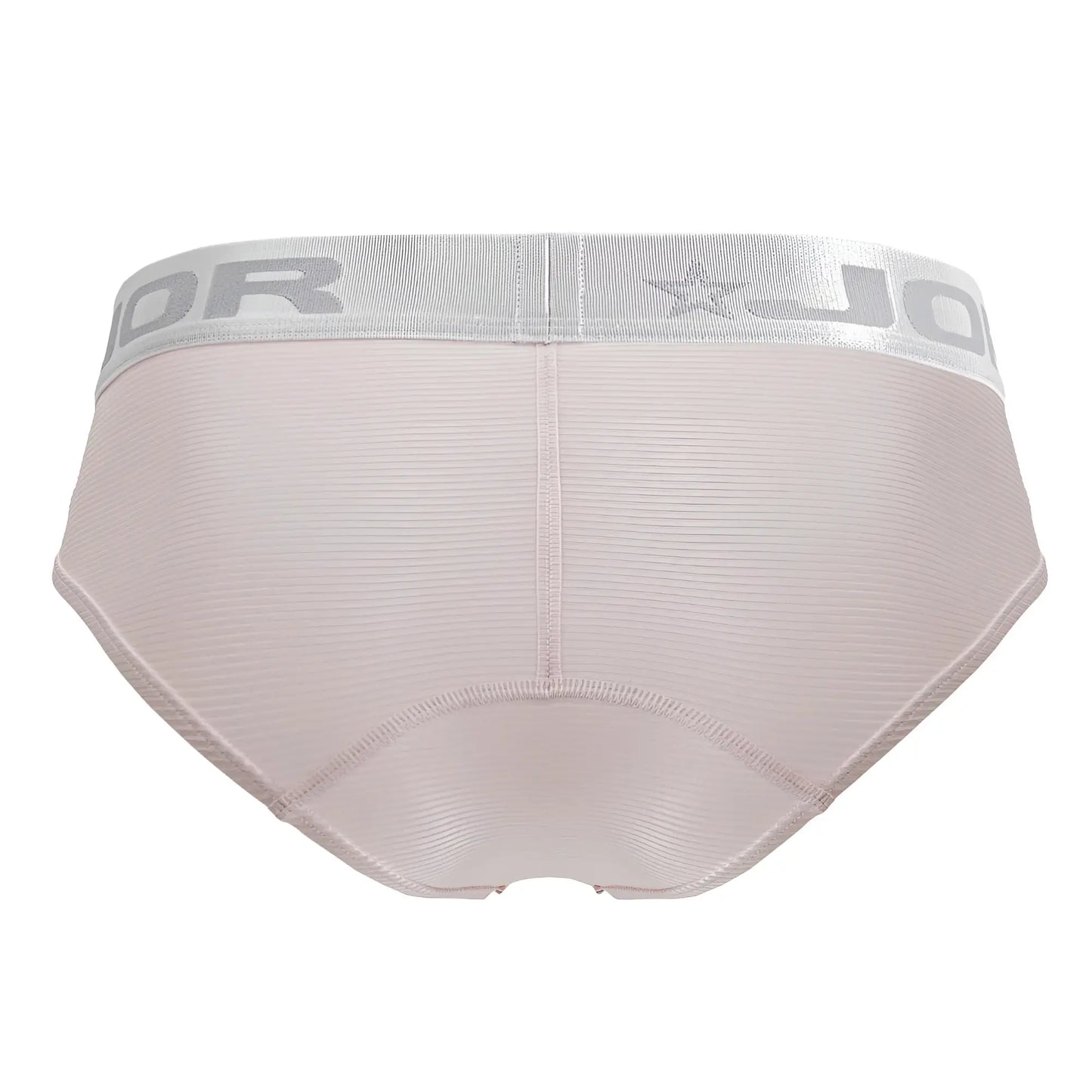 Beige textured briefs with a silver elastic waistband featuring jor branding and star logo in bright pink color