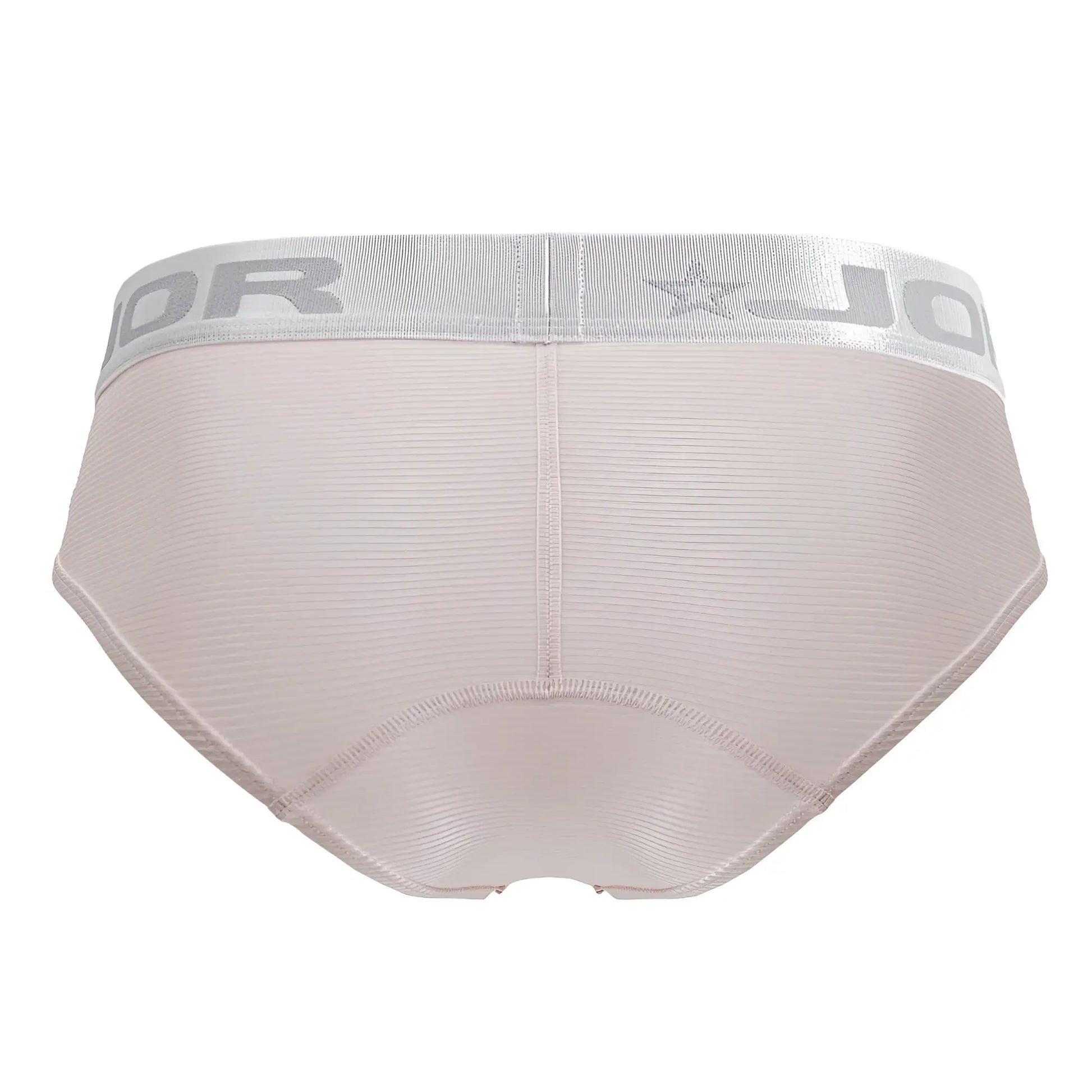 Beige textured briefs with a silver elastic waistband featuring jor branding and star logo in bright pink color