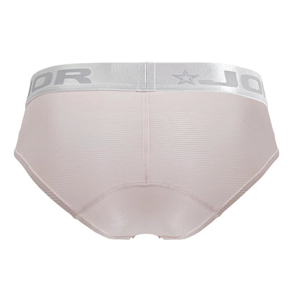 Beige textured briefs with a silver elastic waistband featuring jor branding and star logo in bright pink color