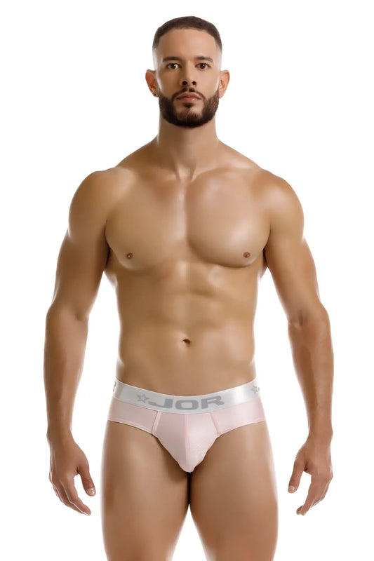 Pink jor 2252 bright briefs with white elastic waistband featuring jor logo in soft breathable fabric