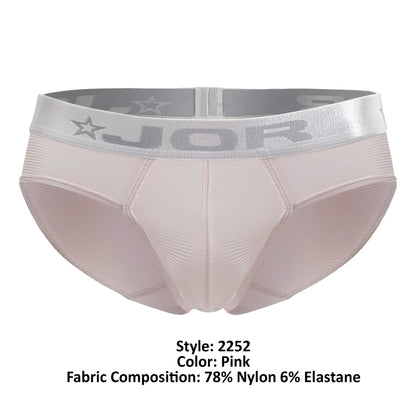 Pink jor 2252 bright briefs men’s underwear with silver star and brand logo waistband details