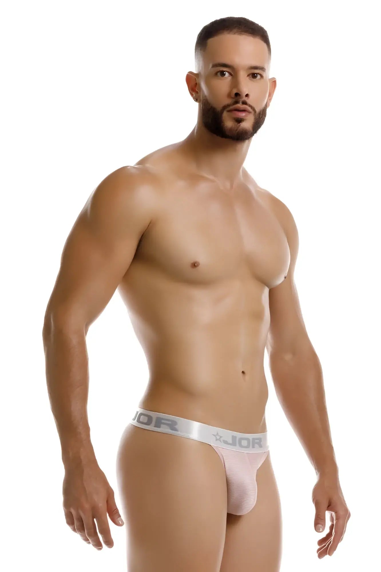 Pink jor 2253 bright thong briefs with silver waistband featuring jor logo and star emblem