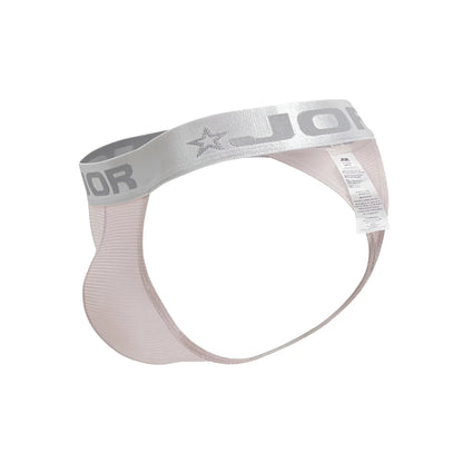 Light pink ribbed fabric brief with silver elastic waistband featuring the jor logo and star emblem from jor 2253 Bright Thongs