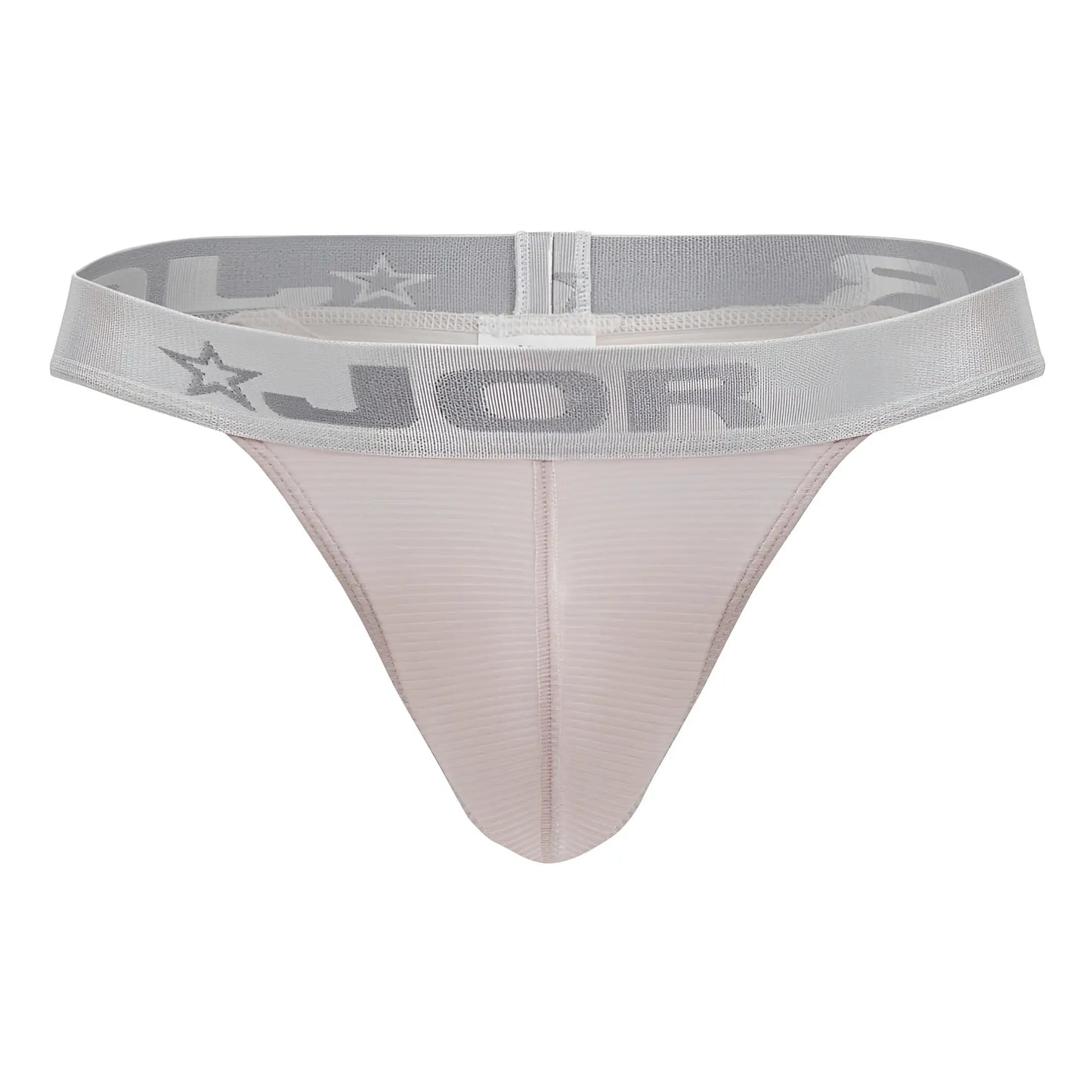 Light pink textured fabric thong with gray elastic waistband featuring jor brand name and star logos from jor 2253 bright collection