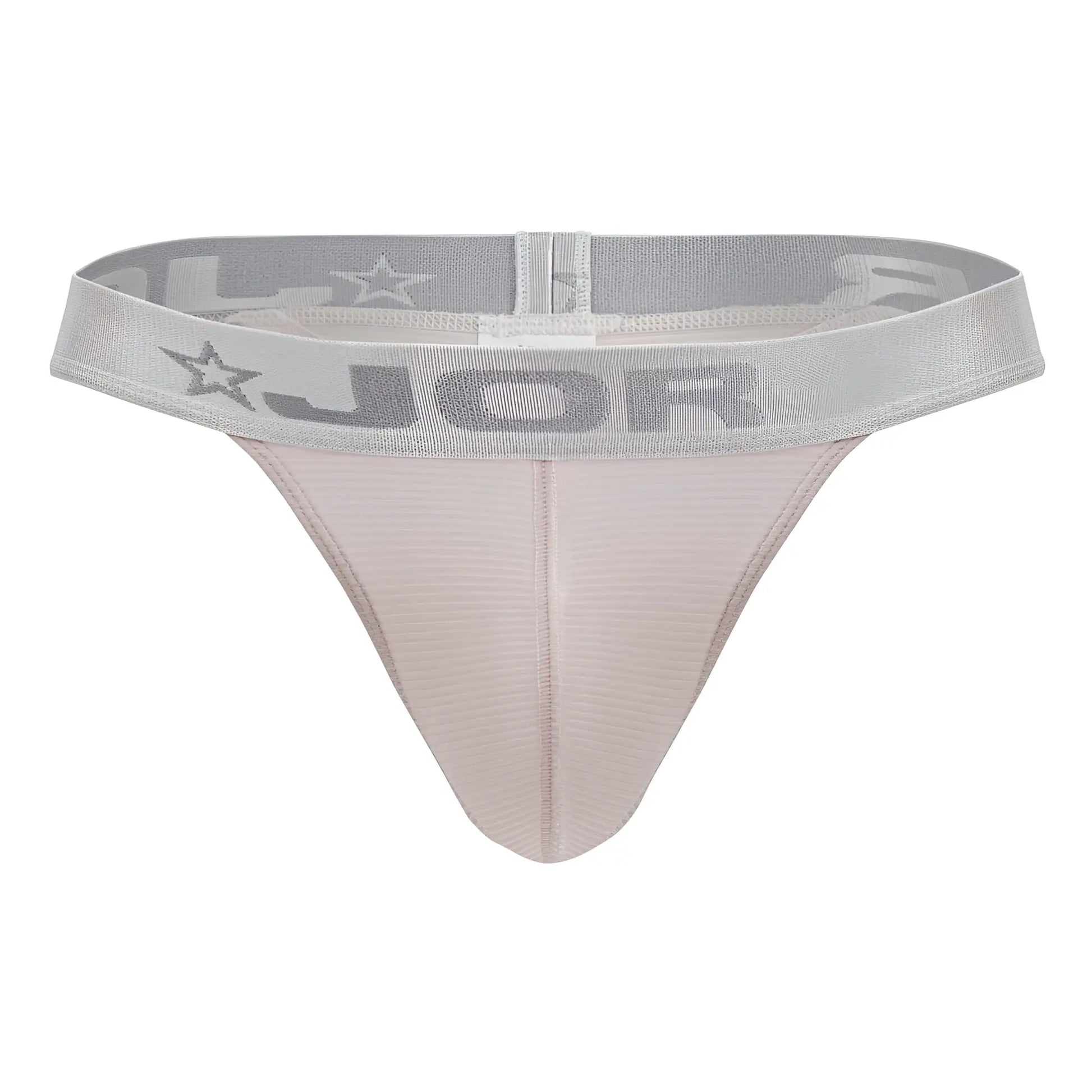 Light pink textured fabric thong with gray elastic waistband featuring jor brand name and star logos from jor 2253 bright collection