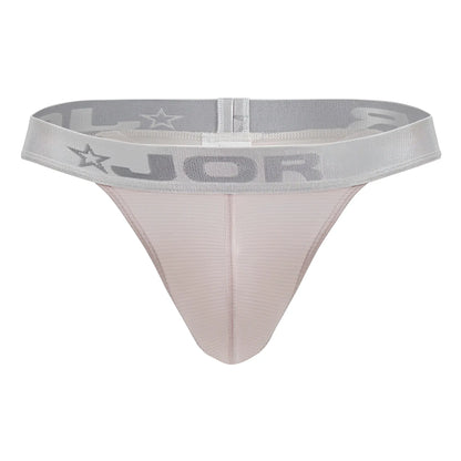 Light pink textured fabric thong with gray elastic waistband featuring jor brand name and star logos from jor 2253 bright collection