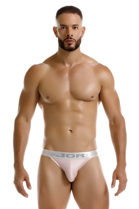 A sleek light pink jor 2253 bright thong with satin finish and silver waistband featuring jor logo