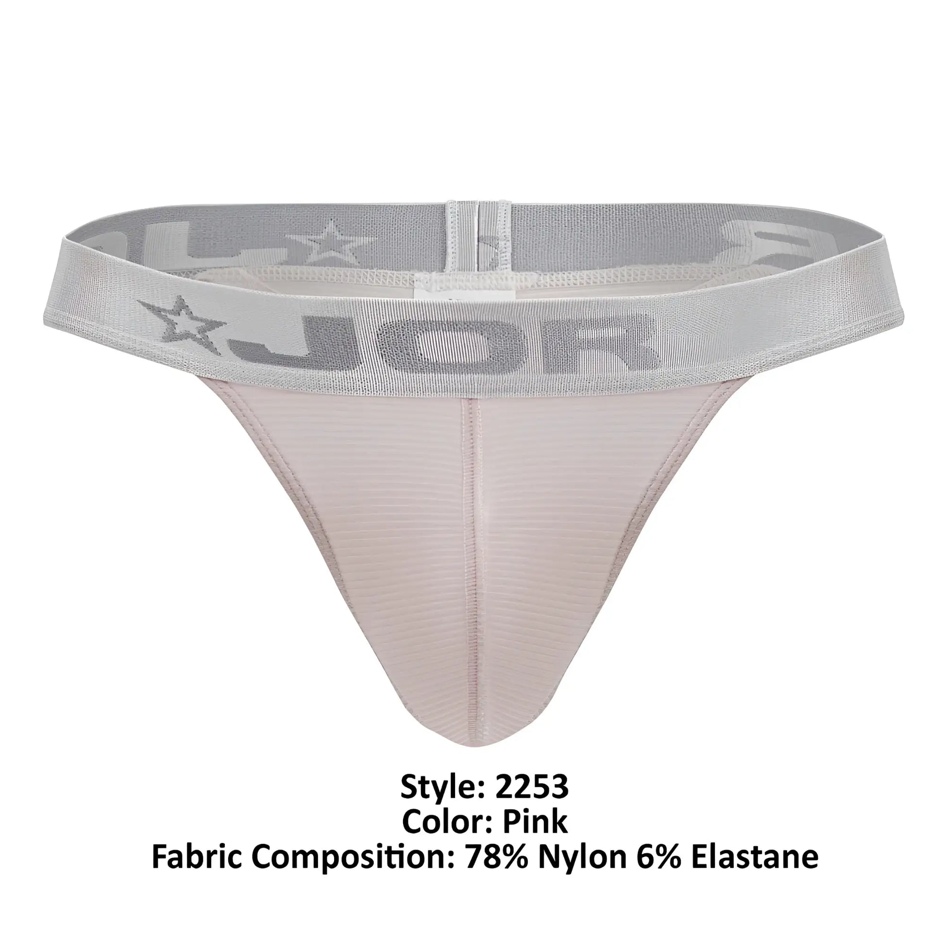 Pink jor 2253 bright thong with gray waistband featuring star and brand logo details front view