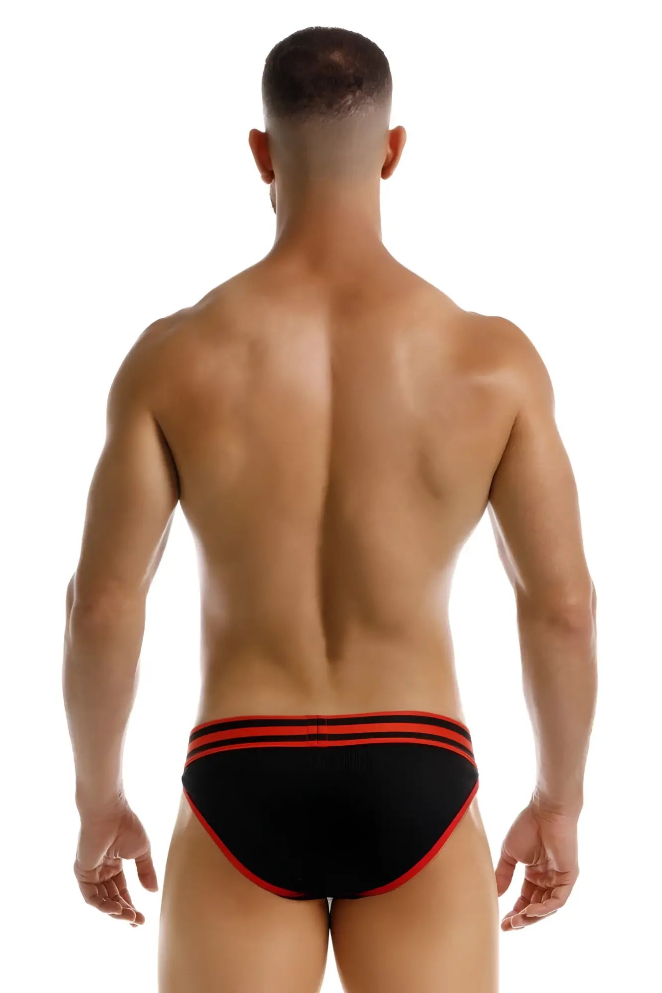 Black briefs jor 2255 rush bikini with bold red trim and three horizontal stripes on the waistband