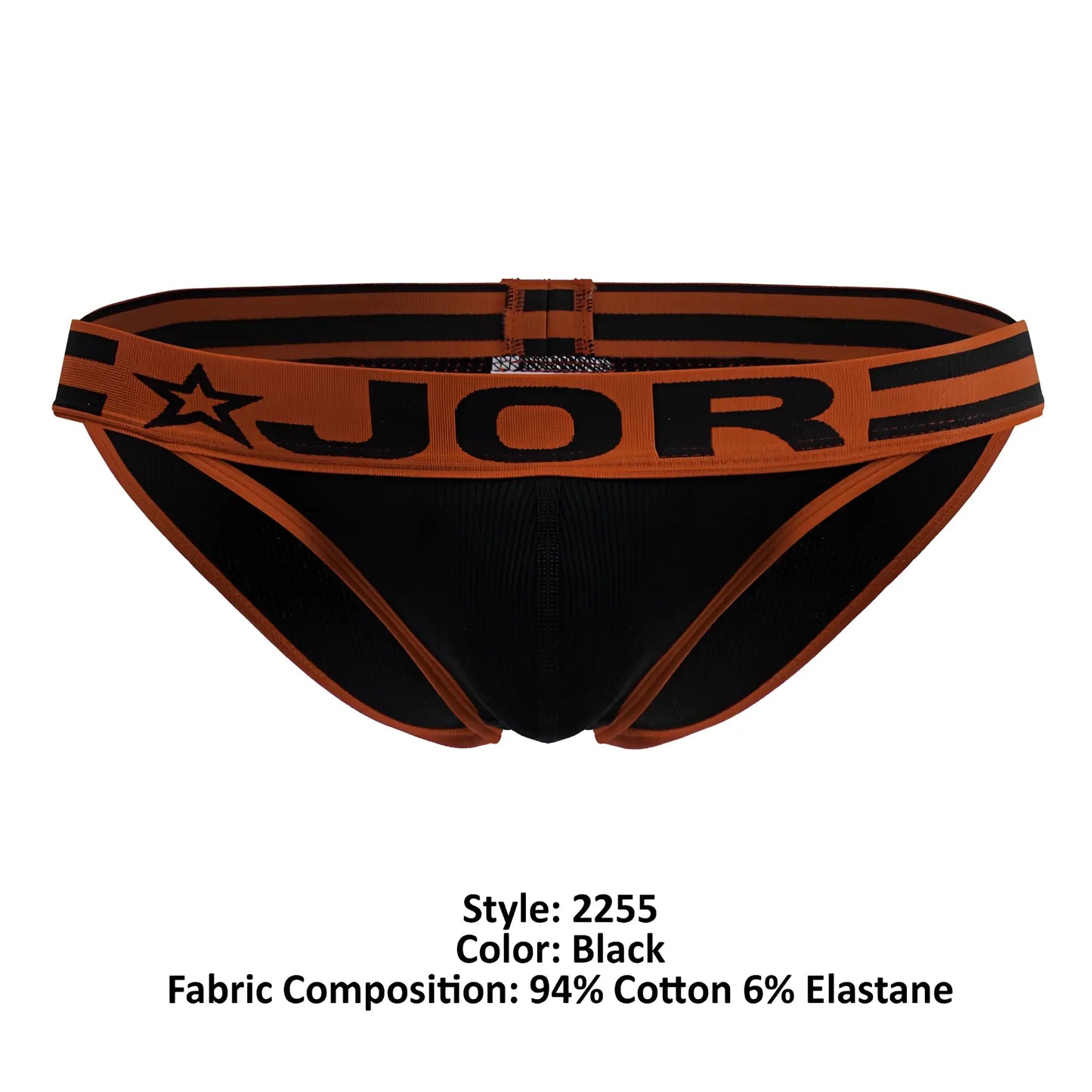 Black jor 2255 rush bikini briefs with orange trim and star logo waistband in a comfortable stretch fabric