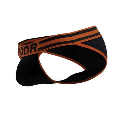 Black and orange jor 2255 rush bikini athletic briefs with ribbed waistband featuring jdr logo
