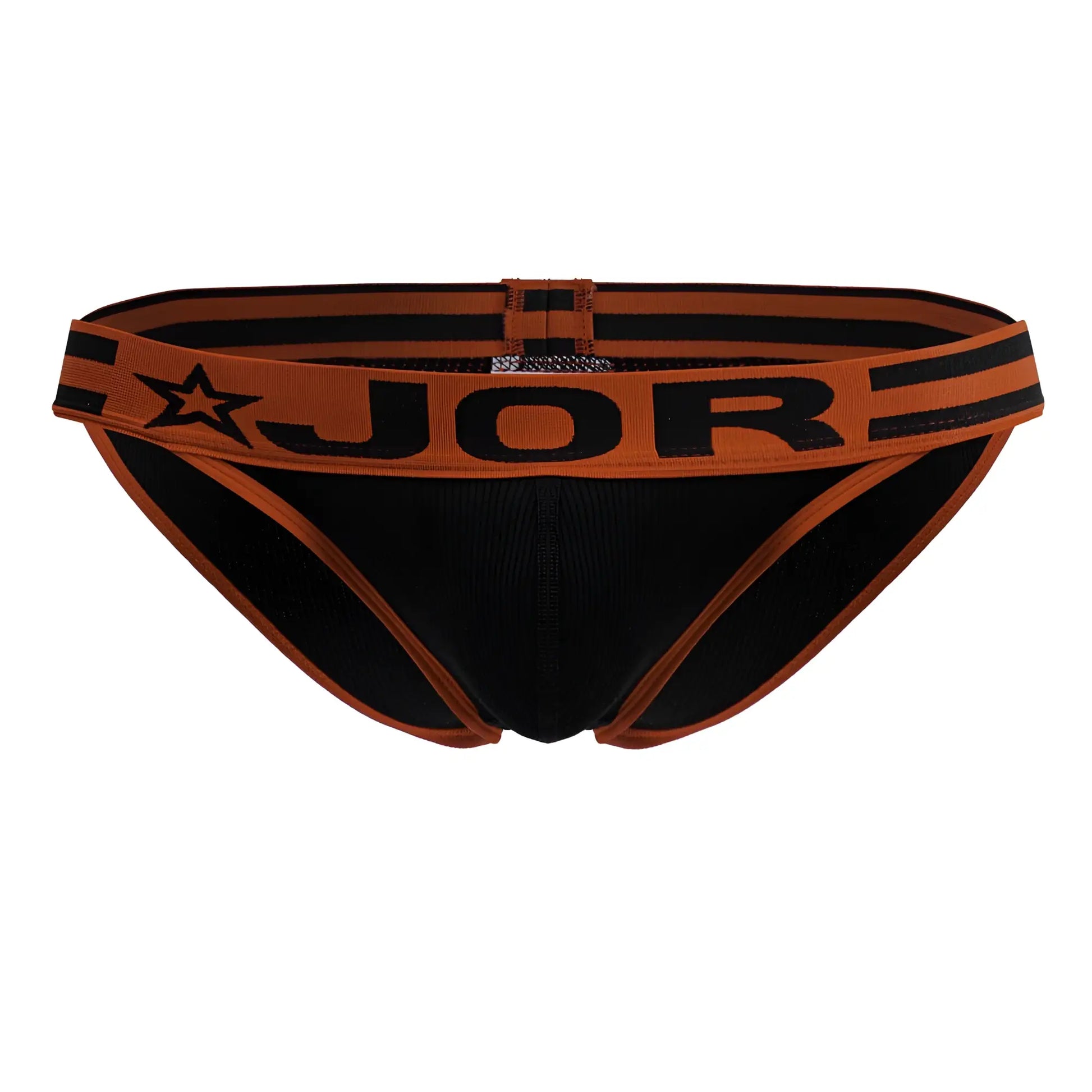 Black and orange jor 2255 rush bikini briefs with bold logo and star emblem on waistband in black color
