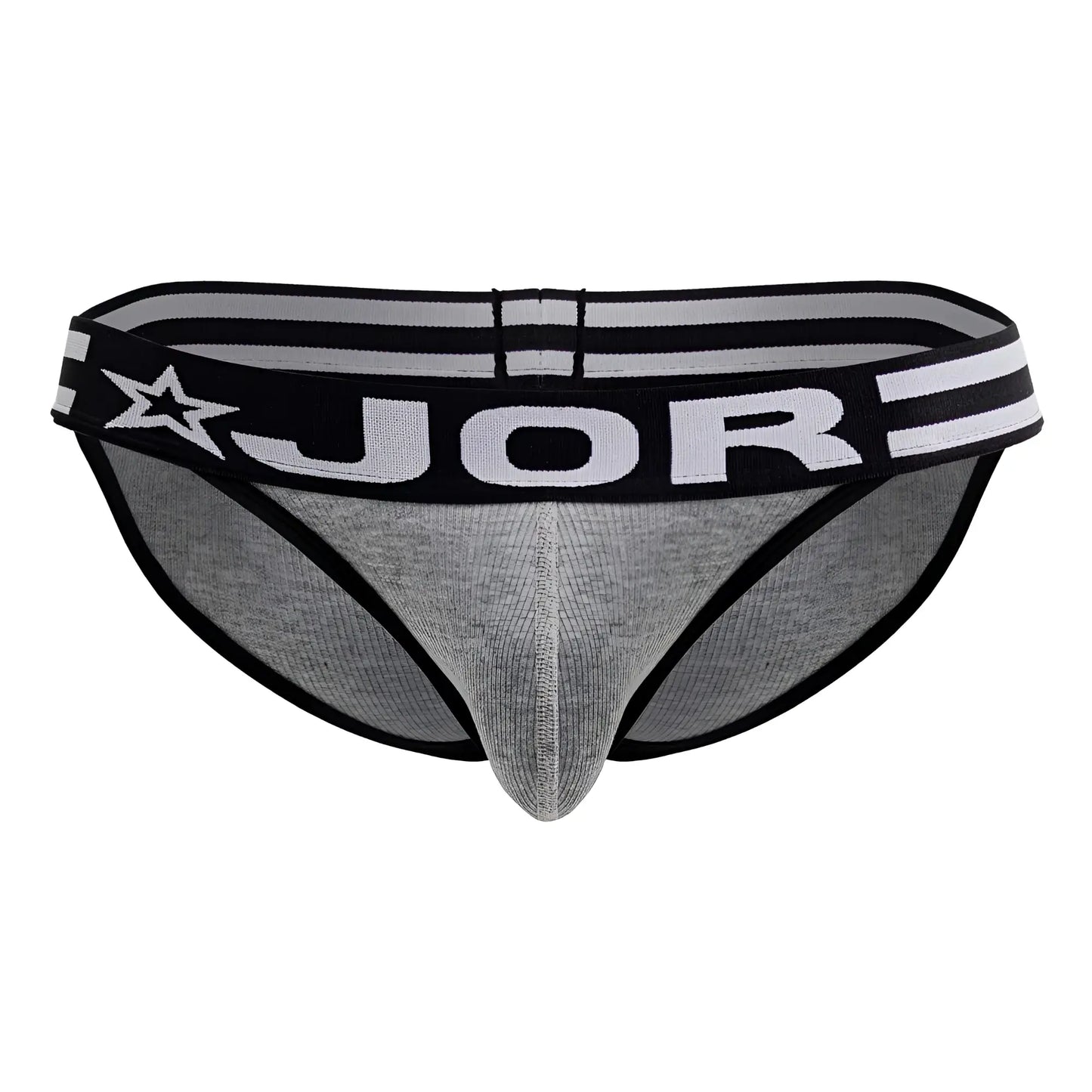 Gray jor 2255 rush bikini briefs with black trim and star logo on waistband showing front view