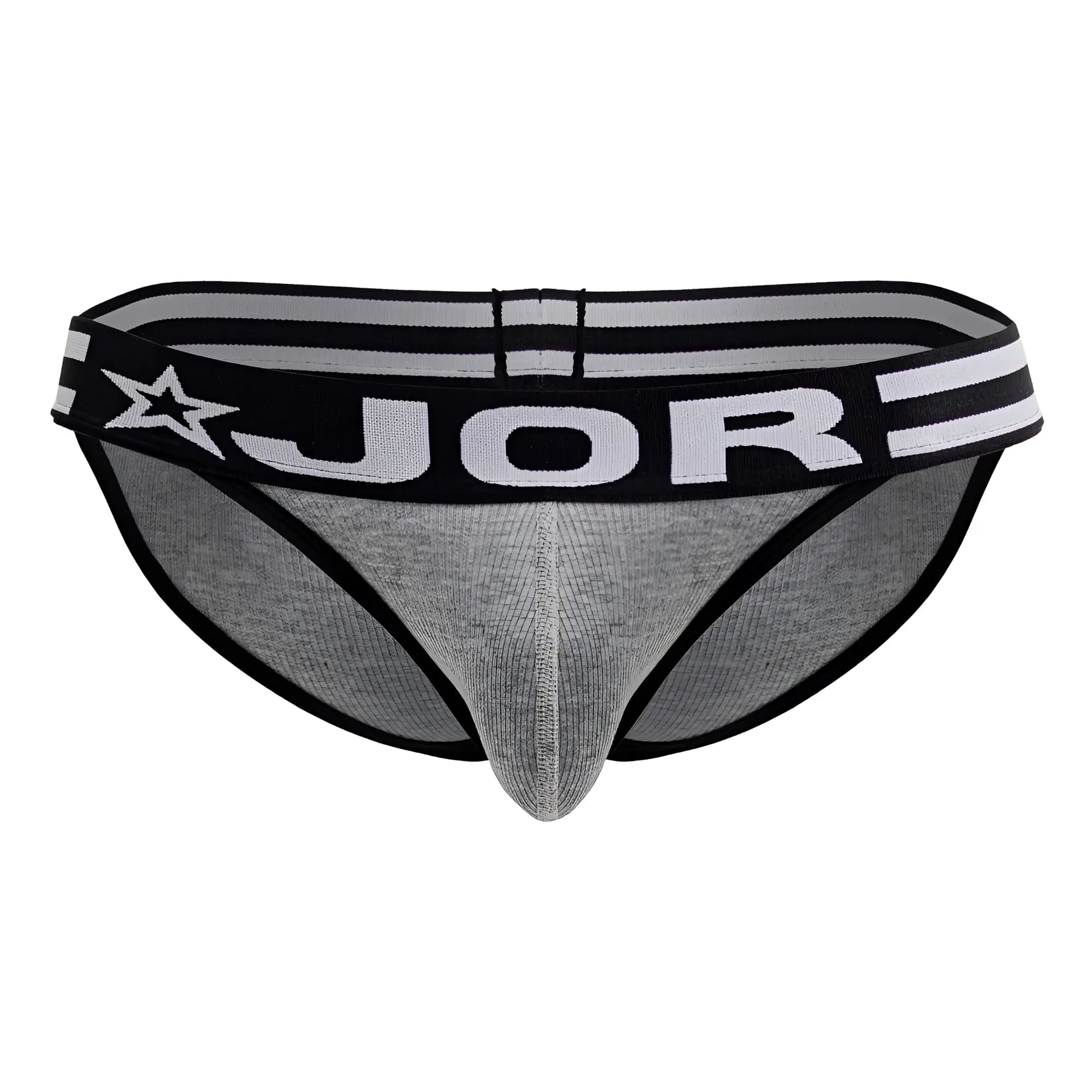 Gray jor 2255 rush bikini briefs with black trim and star logo on waistband showing front view
