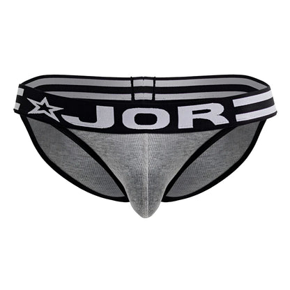 Gray jor 2255 rush bikini briefs with black trim and star logo on waistband showing front view
