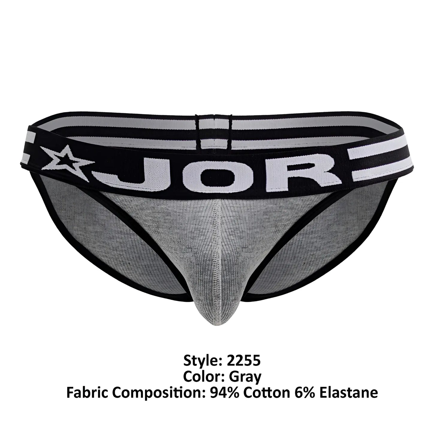 Gray jor 2255 rush bikini briefs with black trim and star logo on waistband in comfortable fabric