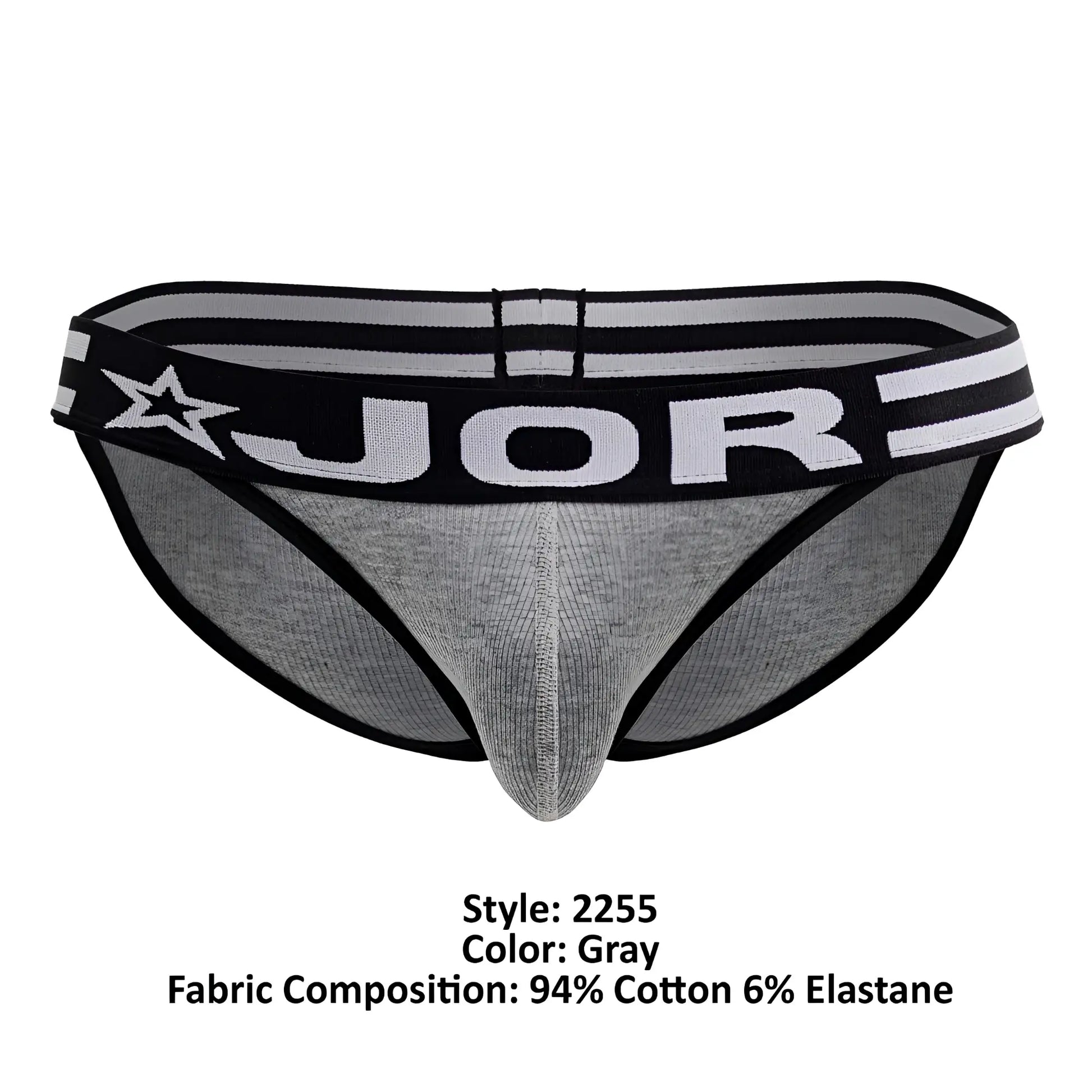 Gray jor 2255 rush bikini briefs with black trim and star logo on waistband in comfortable fabric