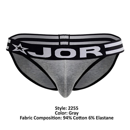 Gray jor 2255 rush bikini briefs with black trim and star logo on waistband in comfortable fabric