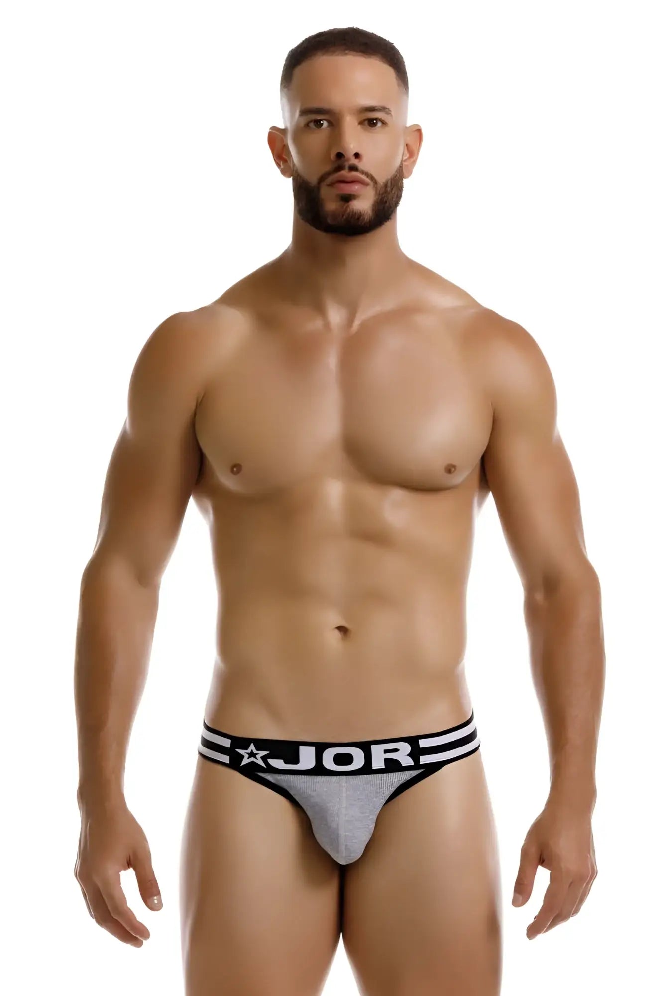 Gray jor 2255 rush bikini briefs with black trim and white lettering in breathable fabric for everyday comfort