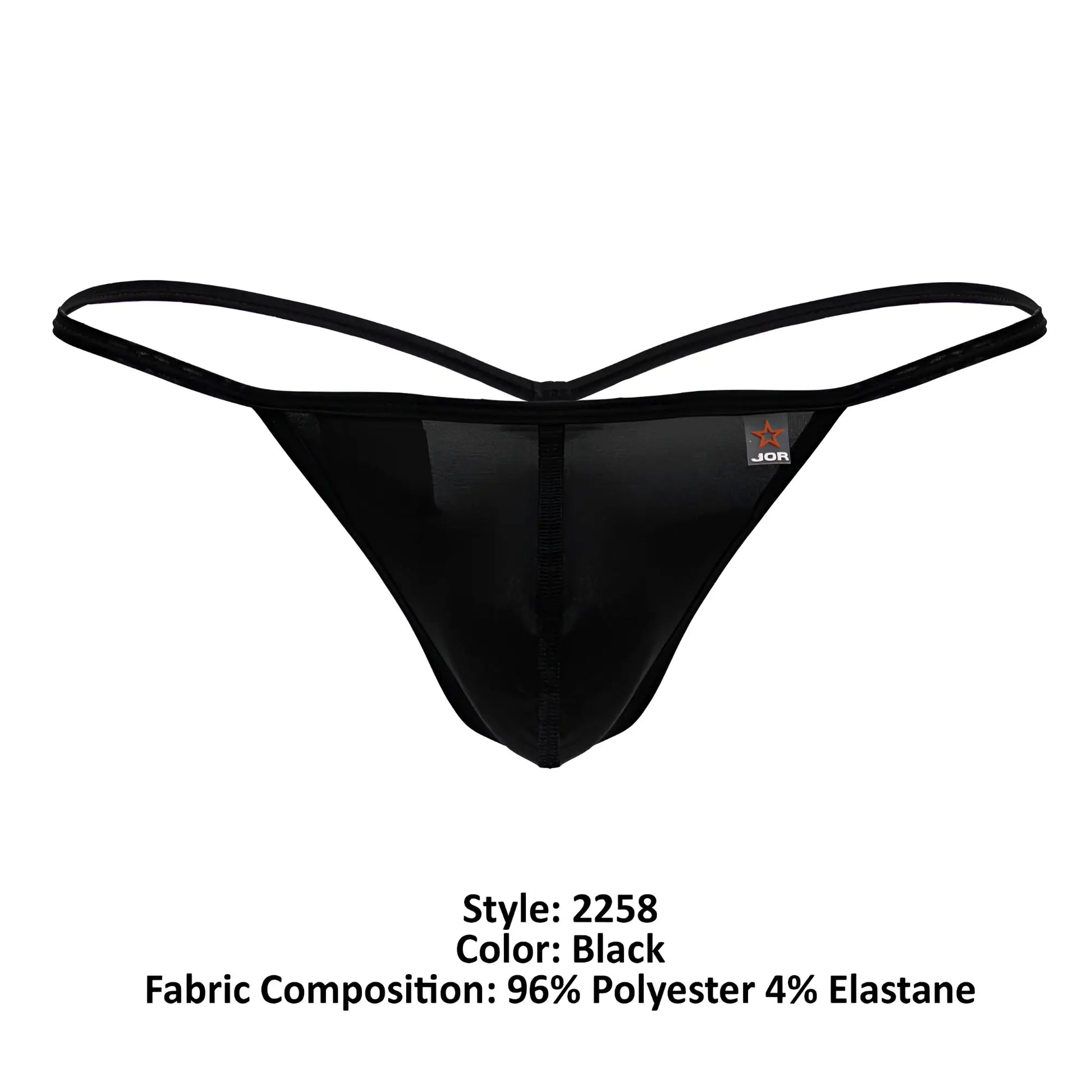Black jor 2258 axel g-string thong with sheer mesh panel and thin crossed elastic straps front view