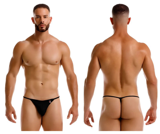 Black JOR 2258 Axel g-string thong with a small red and white logo on the left hipband shown from the back side