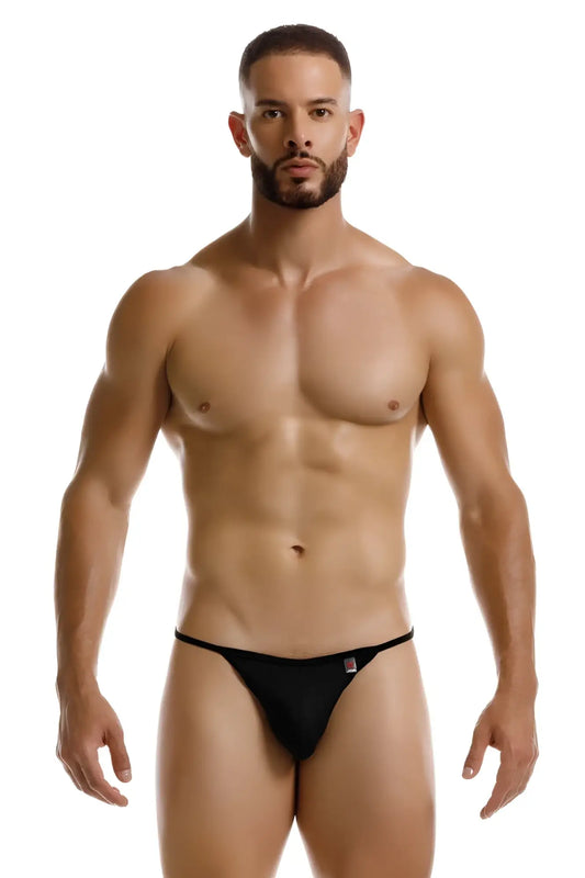 Black jor 2258 axel g-string thong with a small red and white logo on the left hipband shown from the back side
