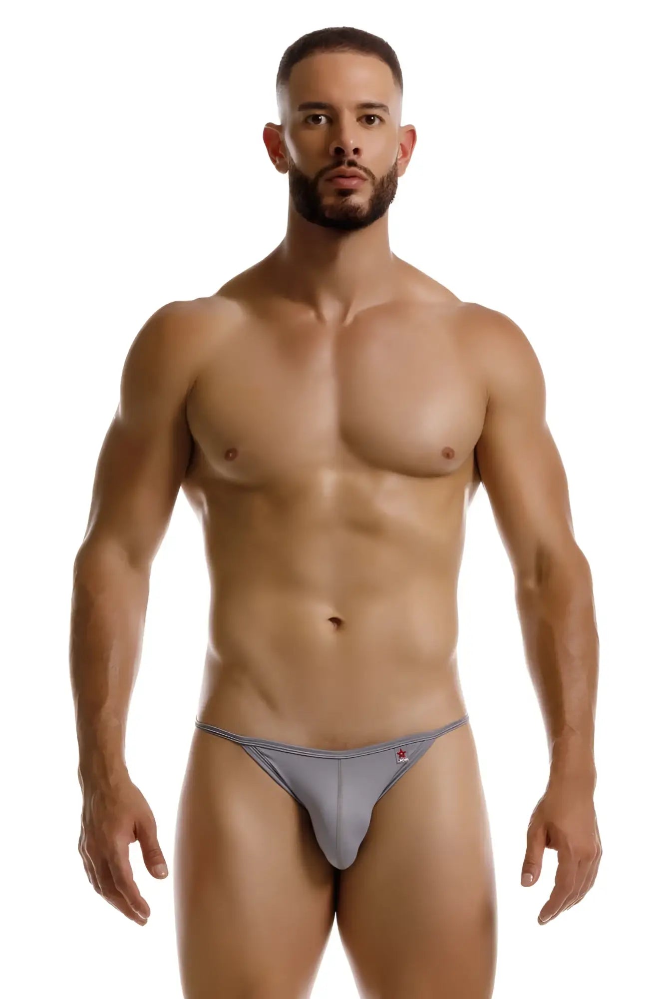 Gray jor 2258 axel g-string athletic briefs with subtle red and white logo on left hip for active use